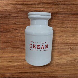 Vintage White Ceramic Milk-Cream Bottle With Lid 6" Red Lettering Rustic Kitchen